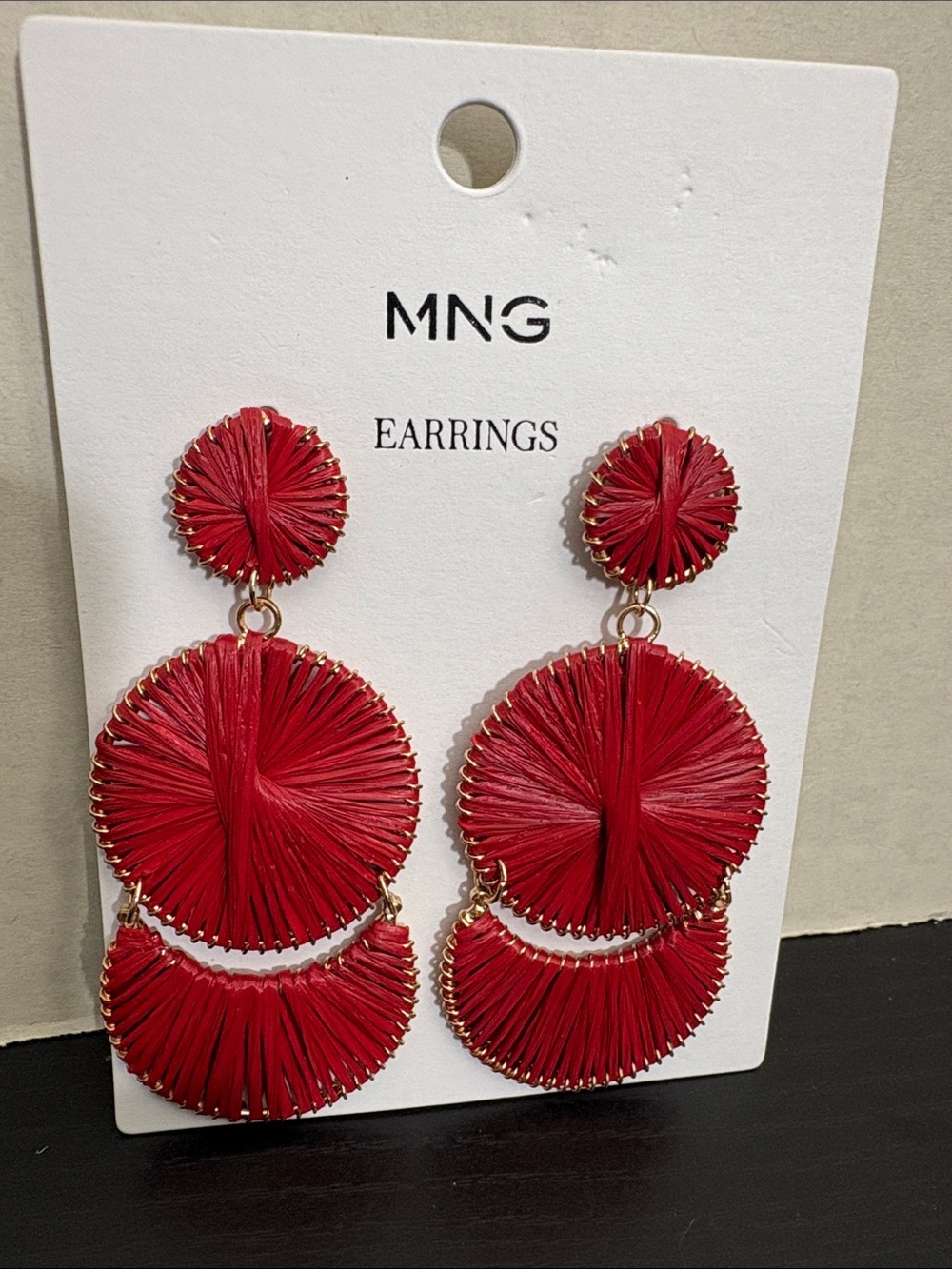 Mango Red Raffia Triple-Drop Statement Earrings LONG EARRINGS 5965